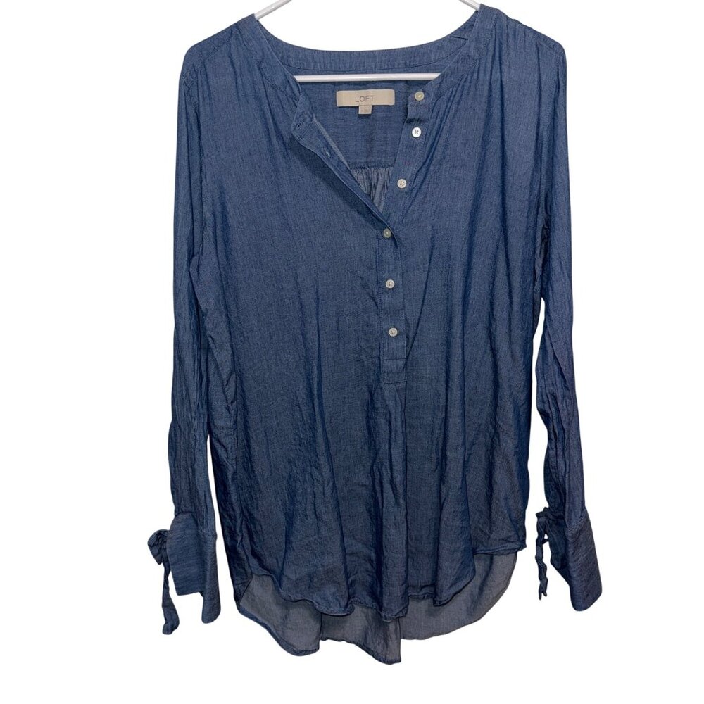 Loft Womens Chambray Button-Front Blouse With Tie Sleeves Size Medium